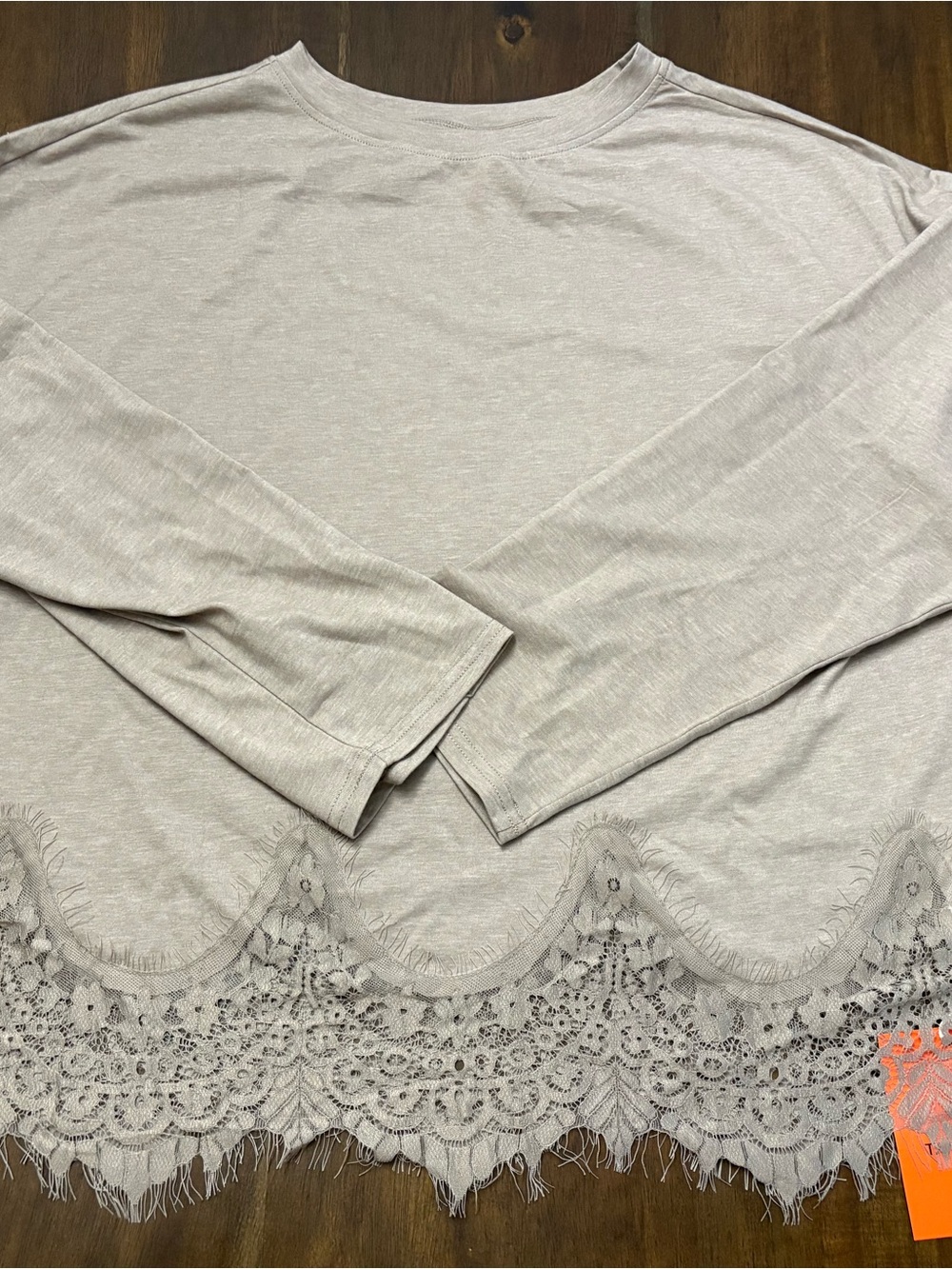 Women's Lace-Hem Long Sleeve Top - Taupe